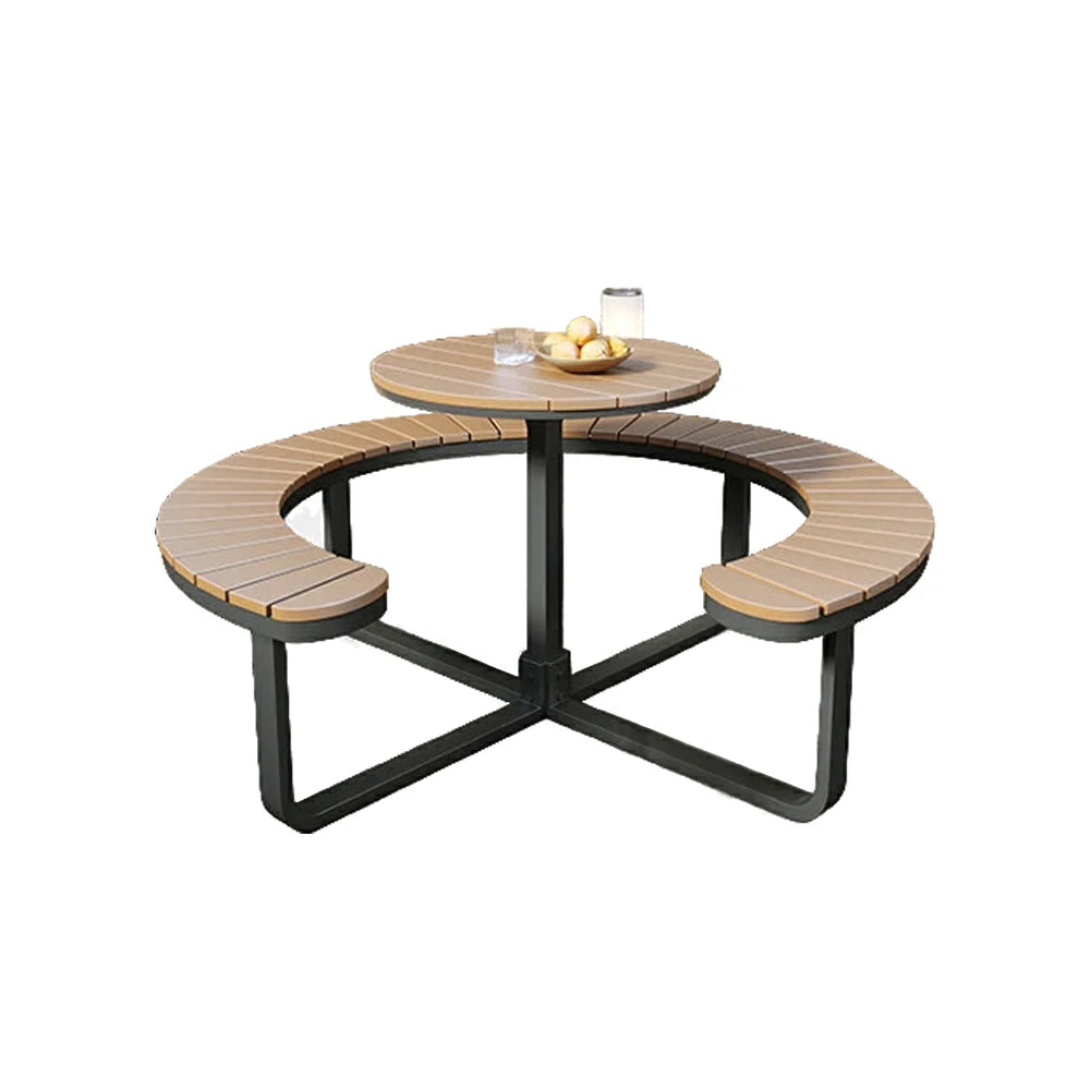 SOLARA Outdoor Round Picnic Table Set - Integrated Circular Bench Seating, Iron Frame with Wood-Plastic Slats, 150/160/180cm Garden Patio Dining Table - Black & Wood