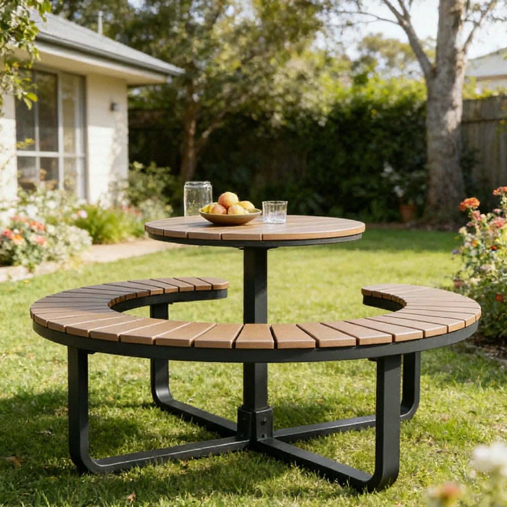 SOLARA Outdoor Round Picnic Table Set - Integrated Circular Bench Seating, Iron Frame with Wood-Plastic Slats, 150/160/180cm Garden Patio Dining Table - Black & Wood