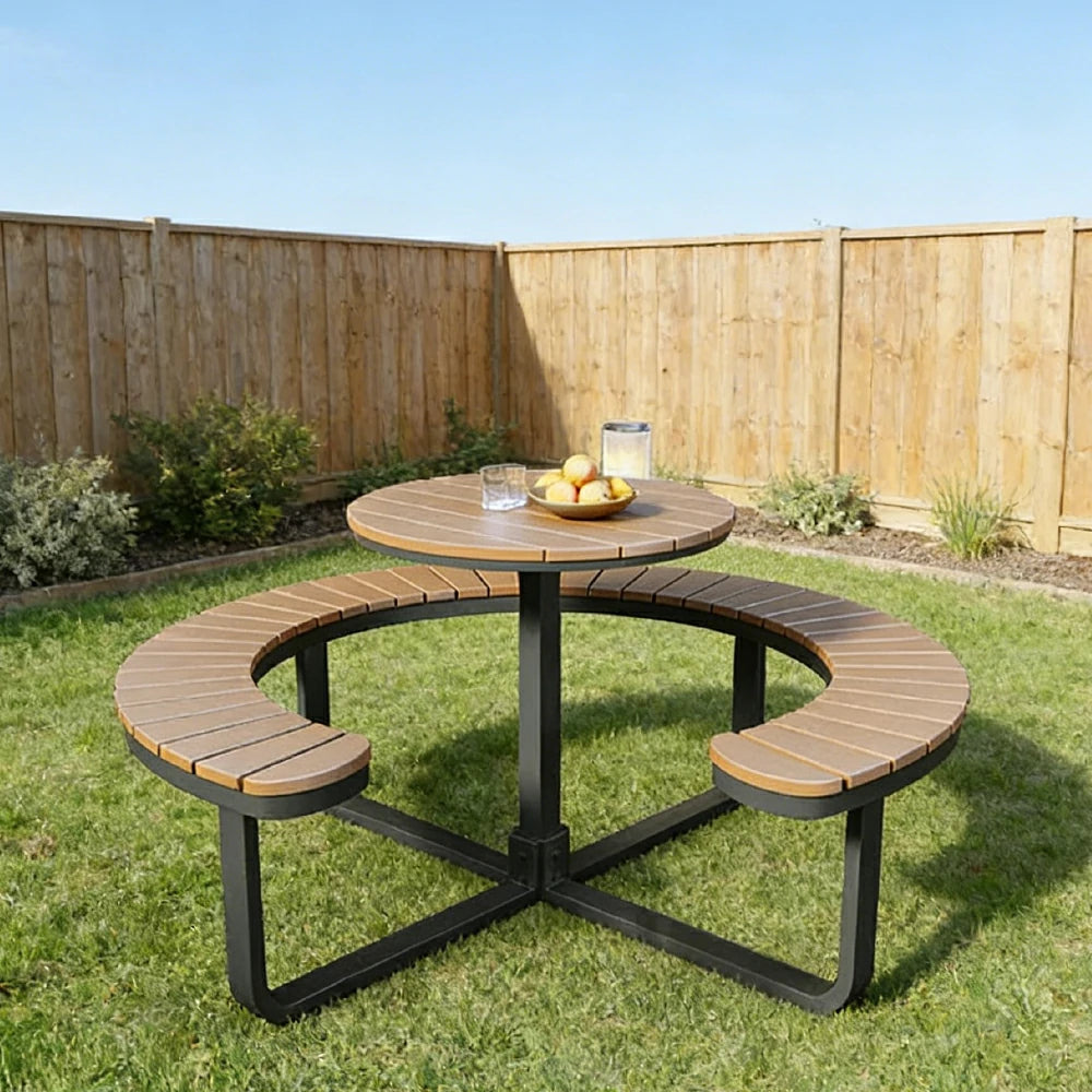SOLARA Outdoor Round Picnic Table Set - Integrated Circular Bench Seating, Iron Frame with Wood-Plastic Slats, 150/160/180cm Garden Patio Dining Table - Black & Wood