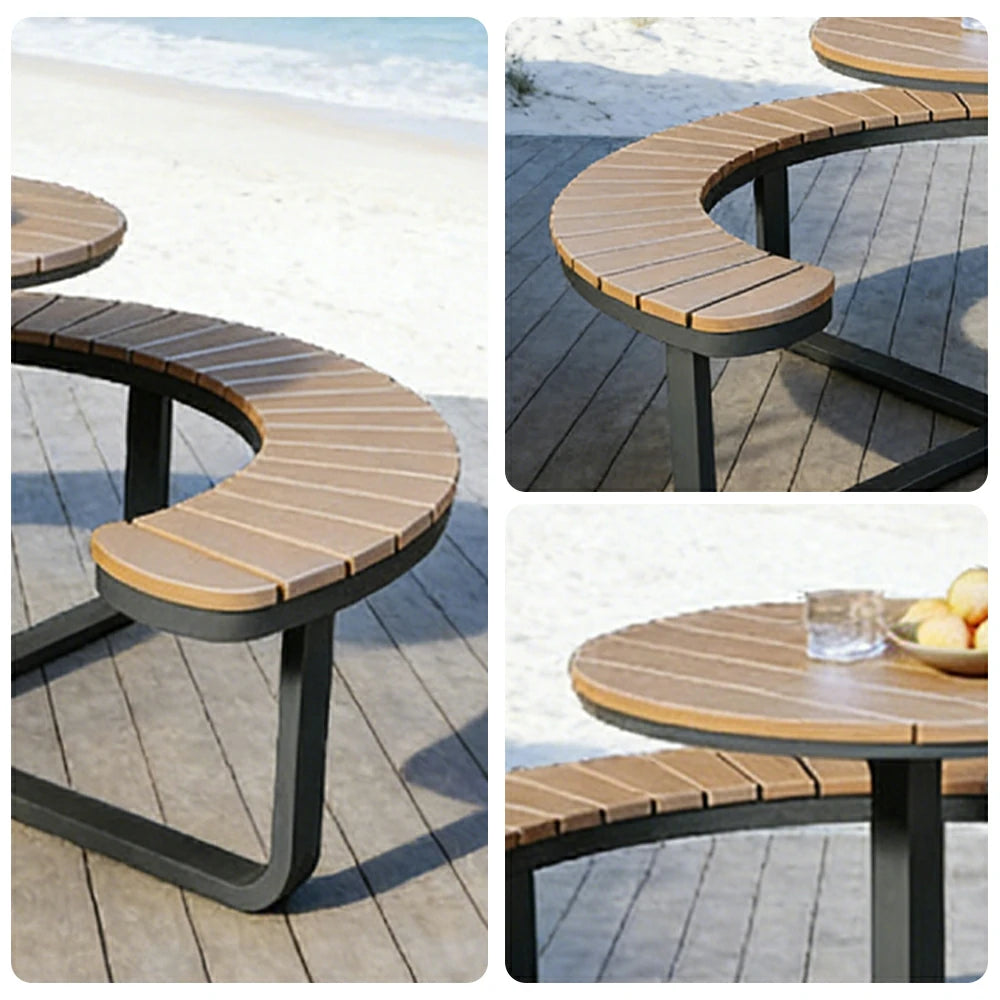 SOLARA Outdoor Round Picnic Table Set - Integrated Circular Bench Seating, Iron Frame with Wood-Plastic Slats, 150/160/180cm Garden Patio Dining Table - Black & Wood