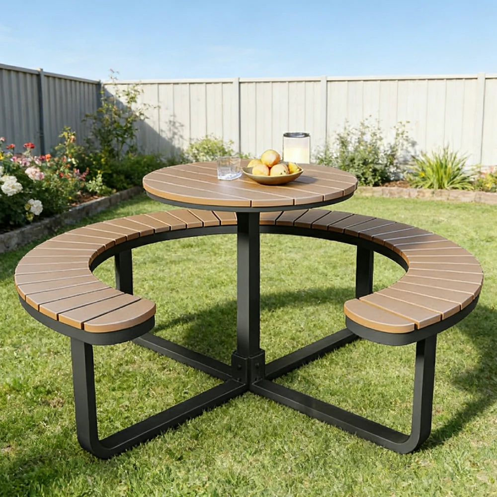 SOLARA Outdoor Round Picnic Table Set - Integrated Circular Bench Seating, Iron Frame with Wood-Plastic Slats, 150/160/180cm Garden Patio Dining Table - Black & Wood
