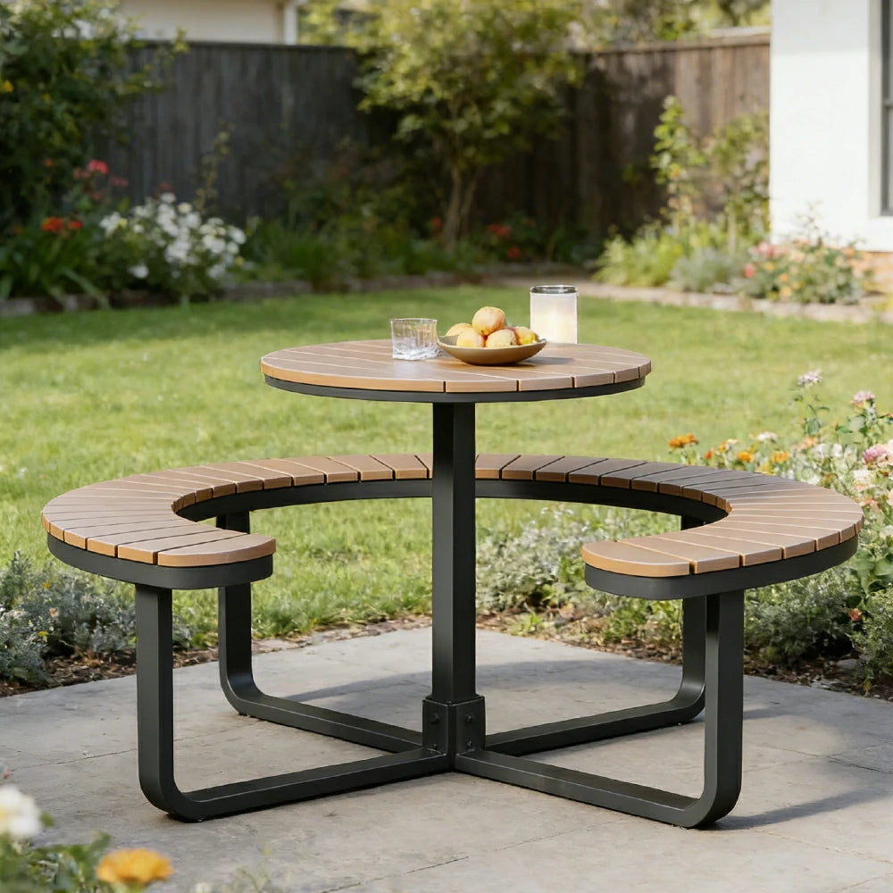 SOLARA Outdoor Round Picnic Table Set - Integrated Circular Bench Seating, Iron Frame with Wood-Plastic Slats, 150/160/180cm Garden Patio Dining Table - Black & Wood