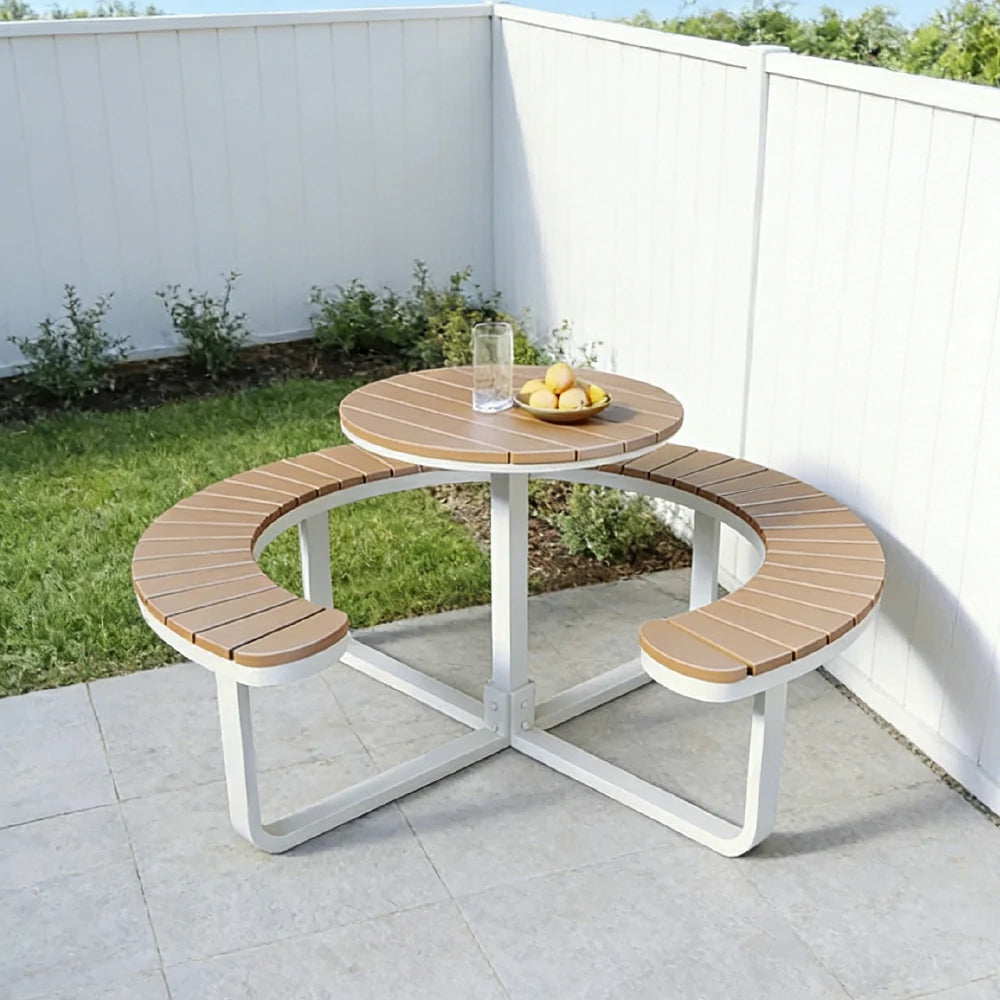 SOLARA Outdoor Round Picnic Table Set - Integrated Circular Bench Seating, Iron Frame with Wood-Plastic Slats, 150/160/180cm Garden Patio Dining Table - White & Wood