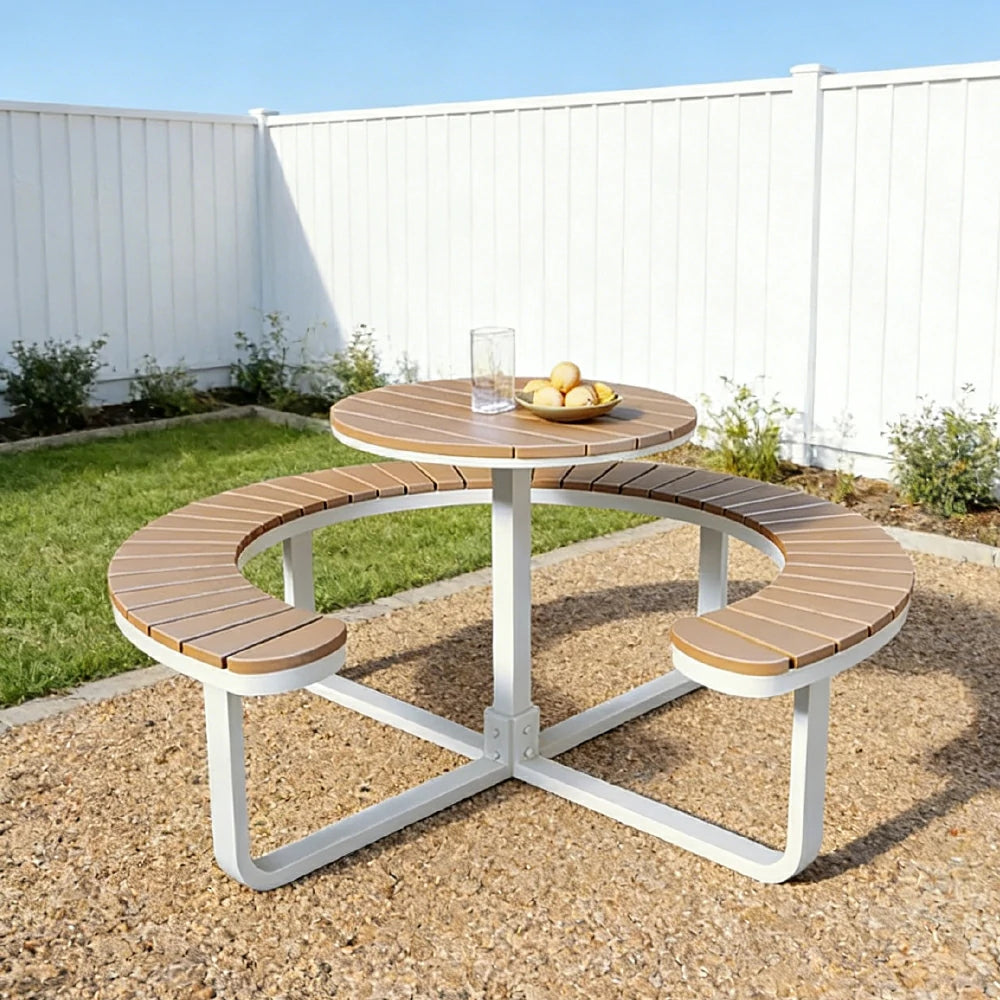 SOLARA Outdoor Round Picnic Table Set - Integrated Circular Bench Seating, Iron Frame with Wood-Plastic Slats, 150/160/180cm Garden Patio Dining Table - White & Wood