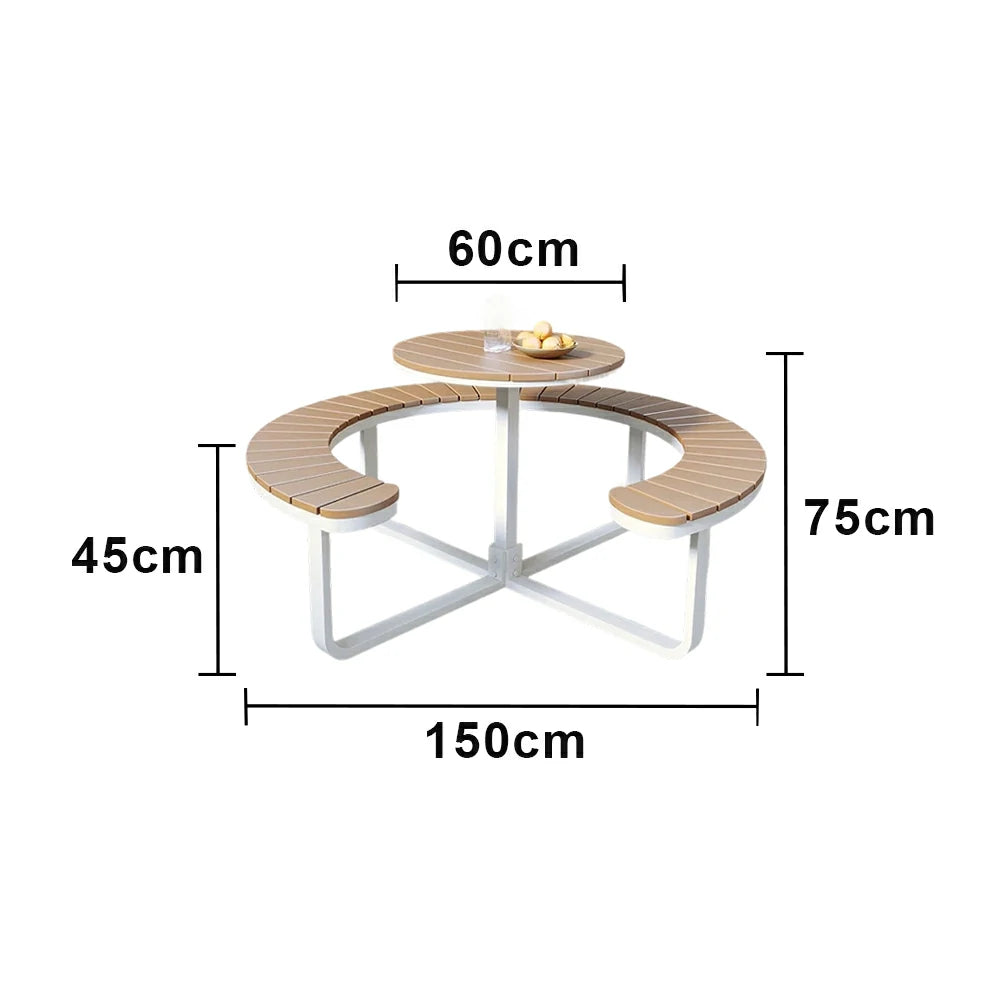 SOLARA Outdoor Round Picnic Table Set - Integrated Circular Bench Seating, Iron Frame with Wood-Plastic Slats, 150/160/180cm Garden Patio Dining Table - White & Wood