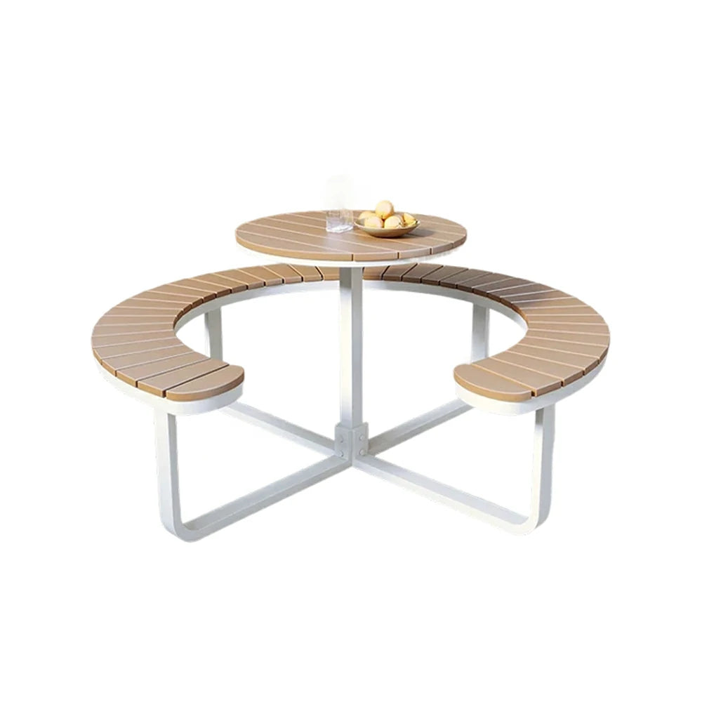 SOLARA Outdoor Round Picnic Table Set - Integrated Circular Bench Seating, Iron Frame with Wood-Plastic Slats, 150/160/180cm Garden Patio Dining Table - White & Wood