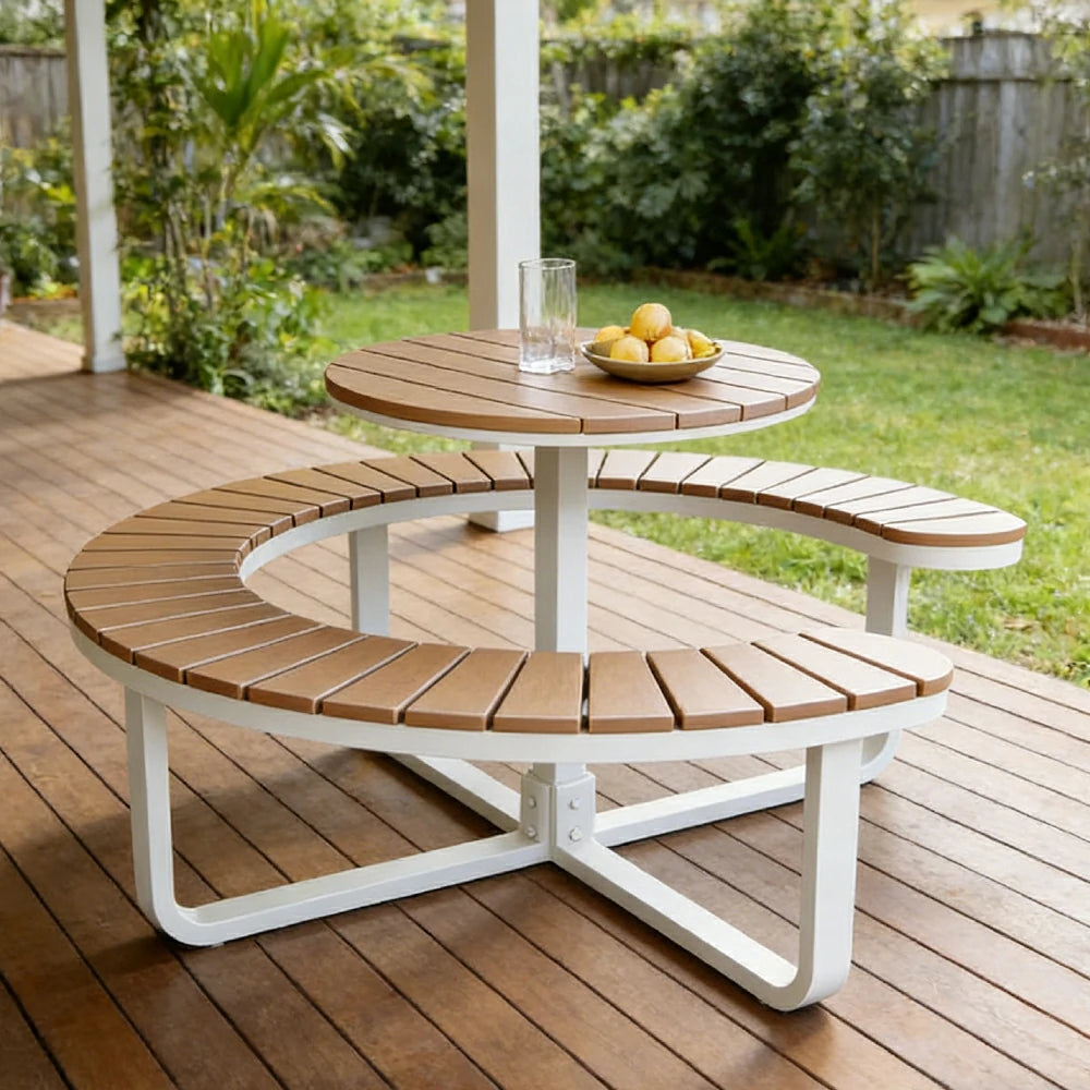 SOLARA Outdoor Round Picnic Table Set - Integrated Circular Bench Seating, Iron Frame with Wood-Plastic Slats, 150/160/180cm Garden Patio Dining Table - White & Wood
