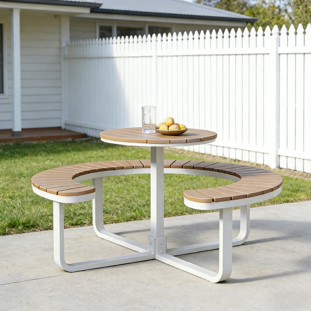 SOLARA Outdoor Round Picnic Table Set - Integrated Circular Bench Seating, Iron Frame with Wood-Plastic Slats, 150/160/180cm Garden Patio Dining Table - White & Wood
