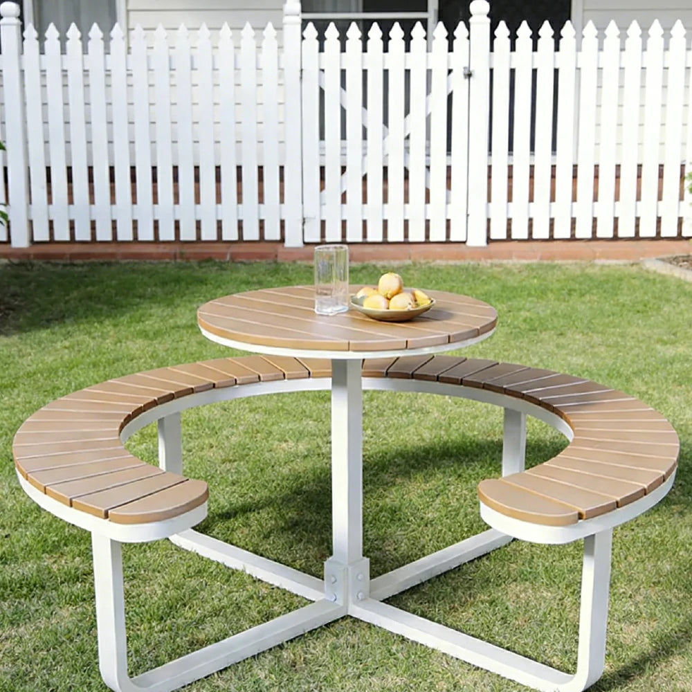 SOLARA Outdoor Round Picnic Table Set - Integrated Circular Bench Seating, Iron Frame with Wood-Plastic Slats, 150/160/180cm Garden Patio Dining Table - White & Wood