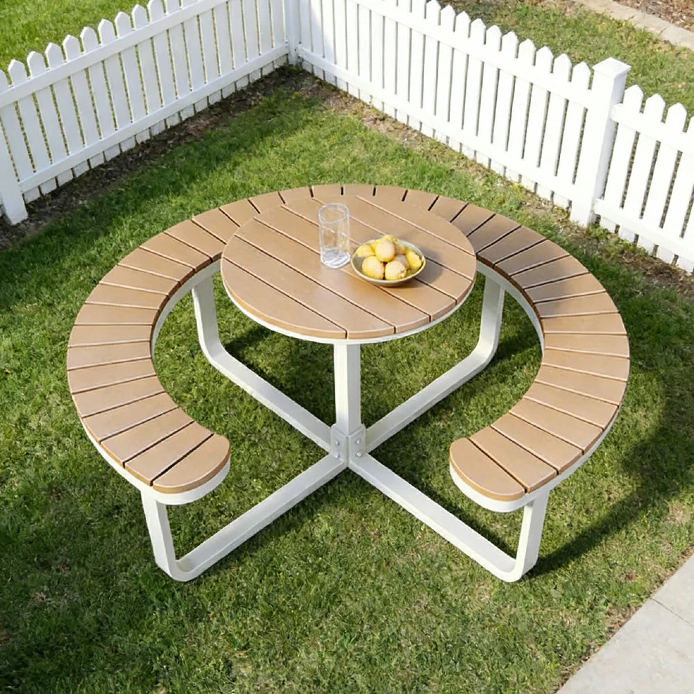 SOLARA Outdoor Round Picnic Table Set - Integrated Circular Bench Seating, Iron Frame with Wood-Plastic Slats, 150/160/180cm Garden Patio Dining Table - White & Wood