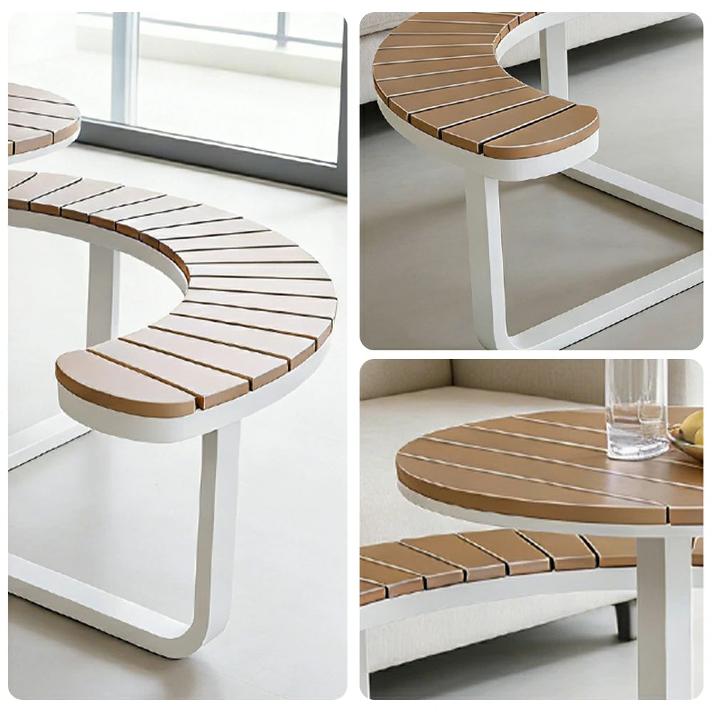 SOLARA Outdoor Round Picnic Table Set - Integrated Circular Bench Seating, Iron Frame with Wood-Plastic Slats, 150/160/180cm Garden Patio Dining Table - White & Wood