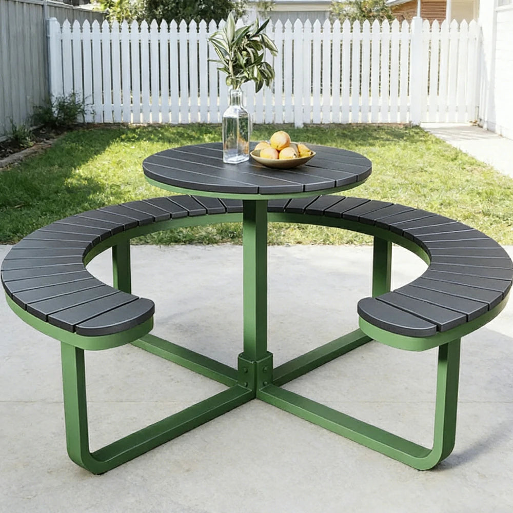 SOLARA Outdoor Round Picnic Table Set - Integrated Circular Bench Seating, Iron Frame with Wood-Plastic Slats, 150/160/180cm Garden Patio Dining Table - Green & Wood