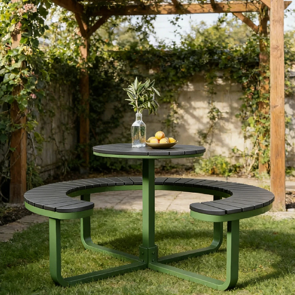 SOLARA Outdoor Round Picnic Table Set - Integrated Circular Bench Seating, Iron Frame with Wood-Plastic Slats, 150/160/180cm Garden Patio Dining Table - Green & Wood