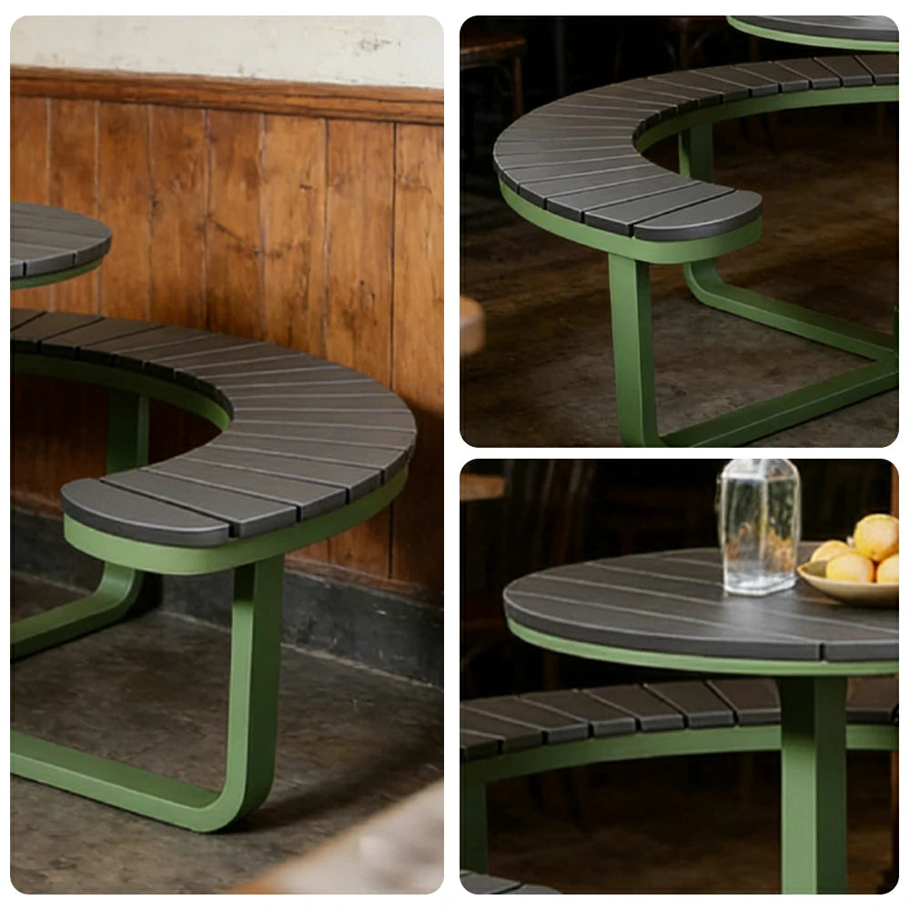SOLARA Outdoor Round Picnic Table Set - Integrated Circular Bench Seating, Iron Frame with Wood-Plastic Slats, 150/160/180cm Garden Patio Dining Table - Green & Wood