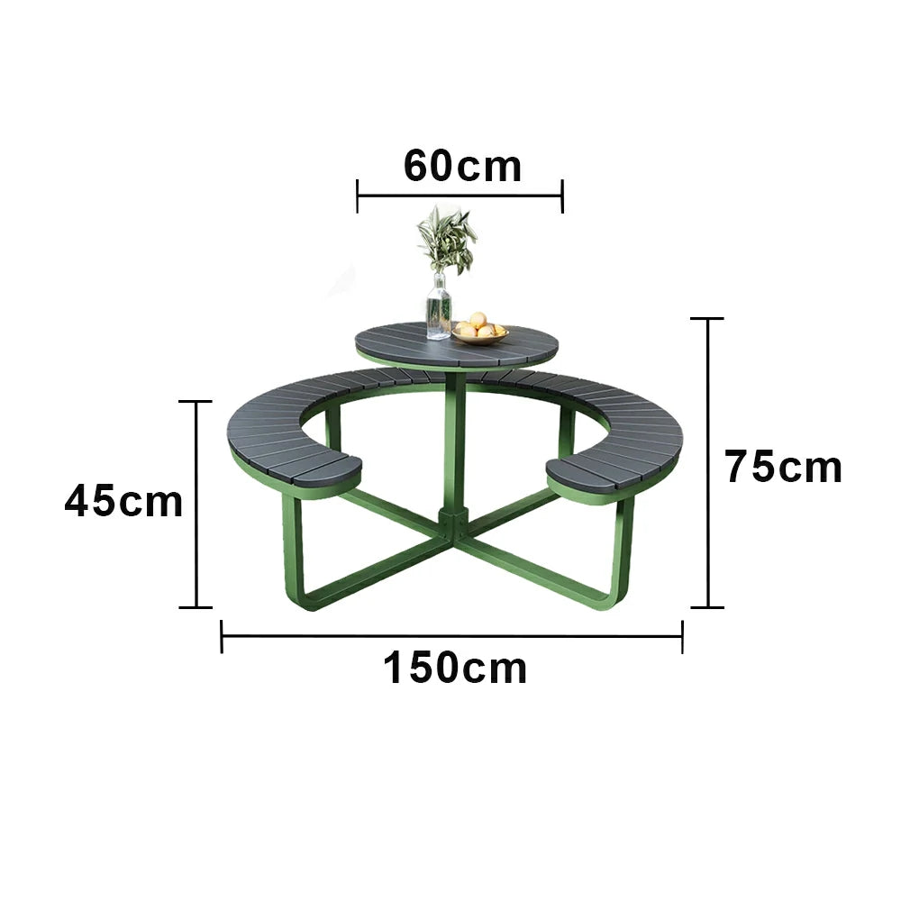 SOLARA Outdoor Round Picnic Table Set - Integrated Circular Bench Seating, Iron Frame with Wood-Plastic Slats, 150/160/180cm Garden Patio Dining Table - Green & Wood