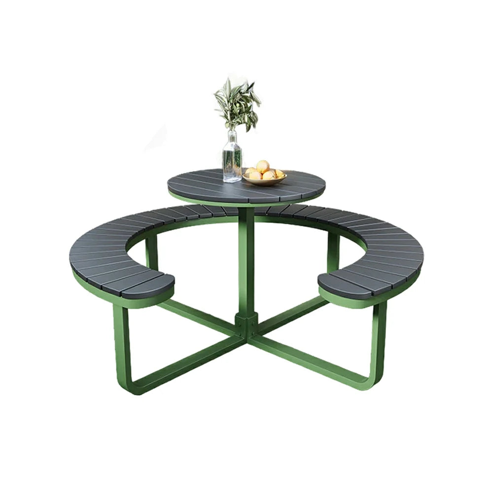 SOLARA Outdoor Round Picnic Table Set - Integrated Circular Bench Seating, Iron Frame with Wood-Plastic Slats, 150/160/180cm Garden Patio Dining Table - Green & Wood