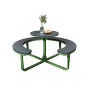 SOLARA Outdoor Round Picnic Table Set - Integrated Circular Bench Seating, Iron Frame with Wood-Plastic Slats, 150/160/180cm Garden Patio Dining Table - Green & Wood