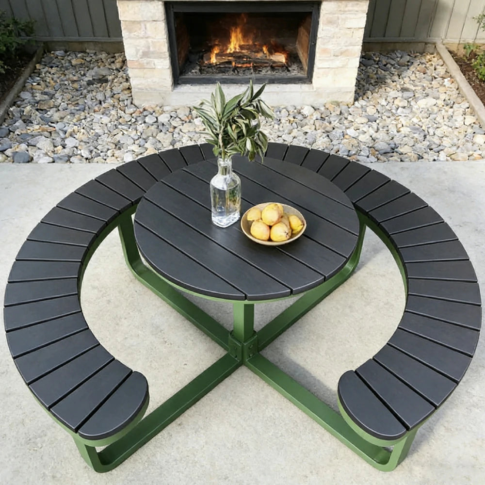 SOLARA Outdoor Round Picnic Table Set - Integrated Circular Bench Seating, Iron Frame with Wood-Plastic Slats, 150/160/180cm Garden Patio Dining Table - Green & Wood