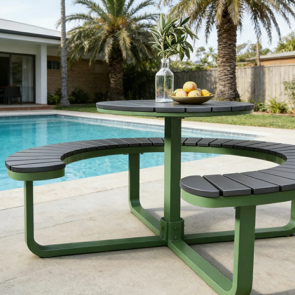 SOLARA Outdoor Round Picnic Table Set - Integrated Circular Bench Seating, Iron Frame with Wood-Plastic Slats, 150/160/180cm Garden Patio Dining Table - Green & Wood