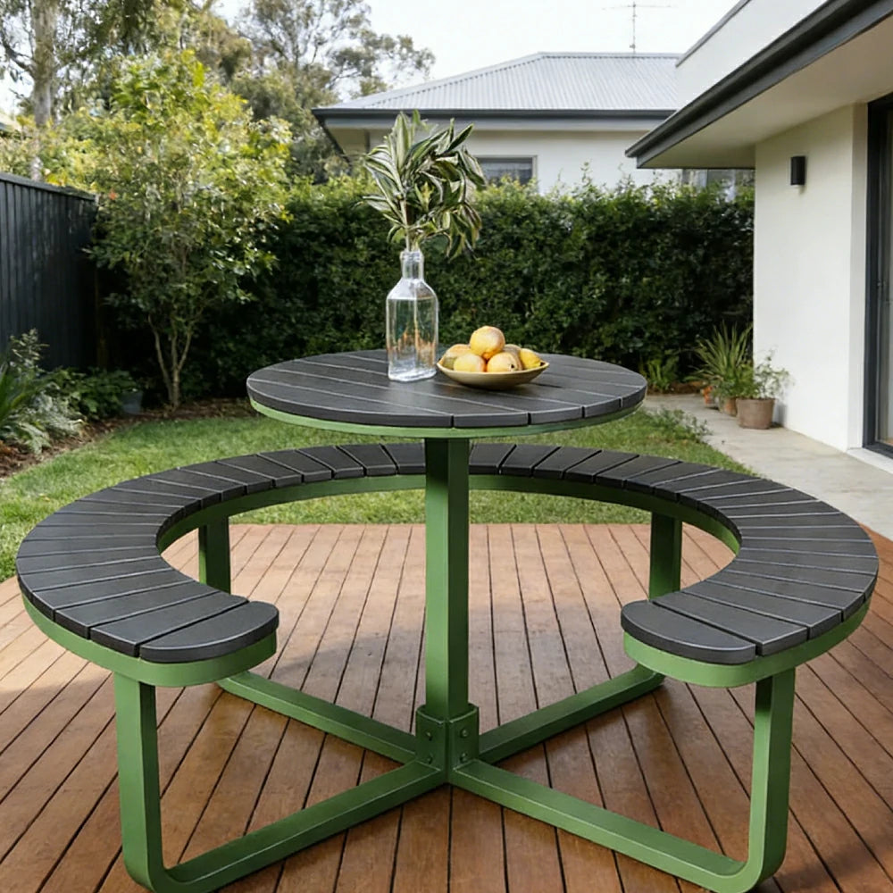 SOLARA Outdoor Round Picnic Table Set - Integrated Circular Bench Seating, Iron Frame with Wood-Plastic Slats, 150/160/180cm Garden Patio Dining Table - Green & Wood
