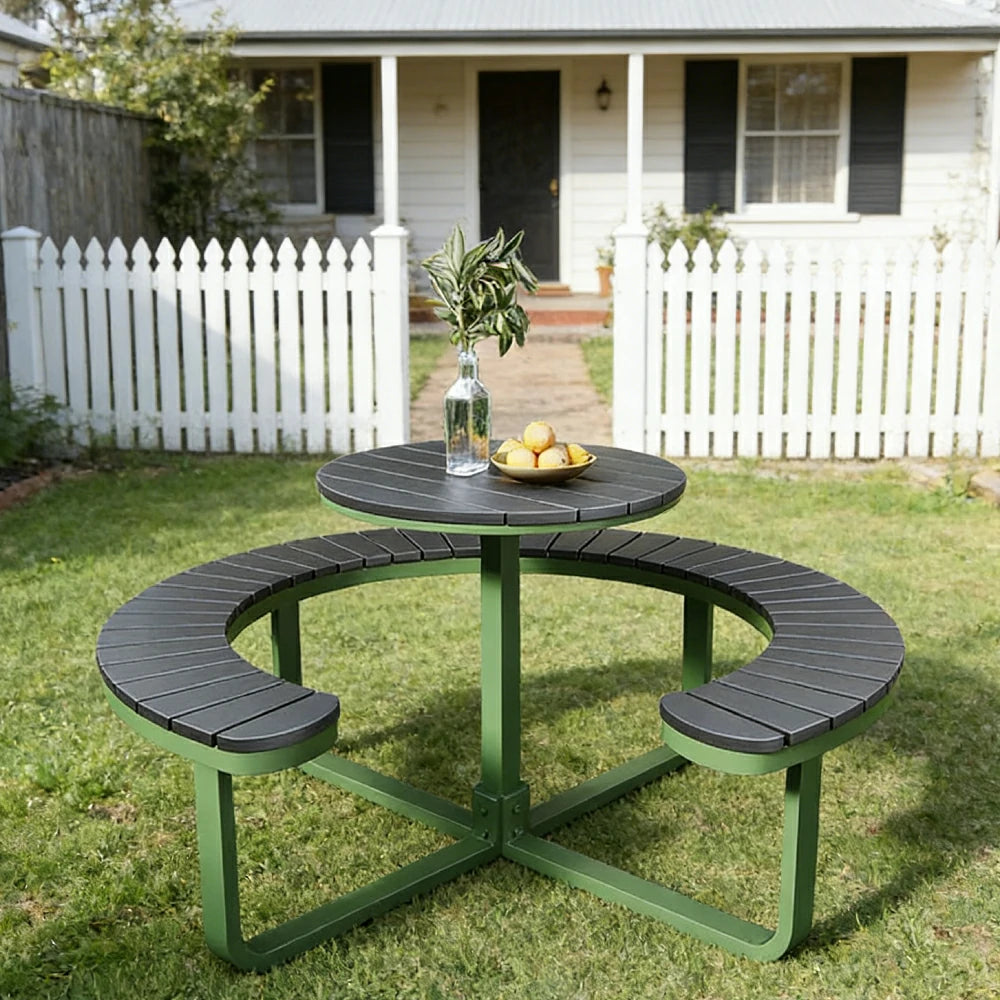 SOLARA Outdoor Round Picnic Table Set - Integrated Circular Bench Seating, Iron Frame with Wood-Plastic Slats, 150/160/180cm Garden Patio Dining Table - Green & Wood