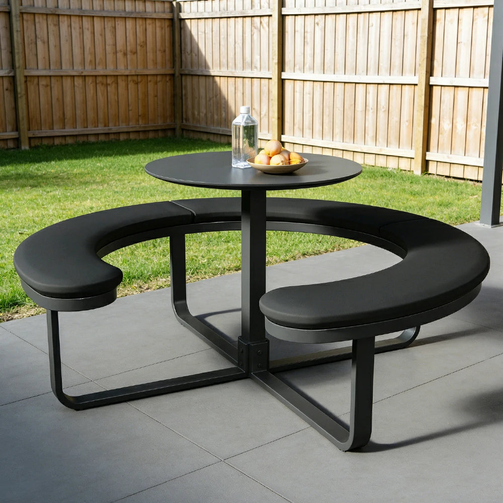 SOLARA Outdoor Round Picnic Table Set - Integrated Circular Bench Seating, Iron Surface Upholstered Seats, Iron Frame, 150/160/180cm Garden Patio Dining Table - Black