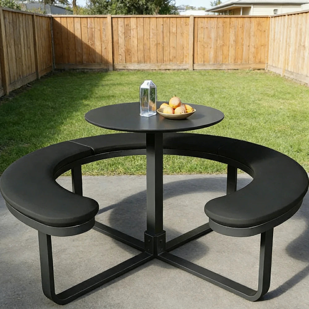 SOLARA Outdoor Round Picnic Table Set - Integrated Circular Bench Seating, Iron Surface Upholstered Seats, Iron Frame, 150/160/180cm Garden Patio Dining Table - Black