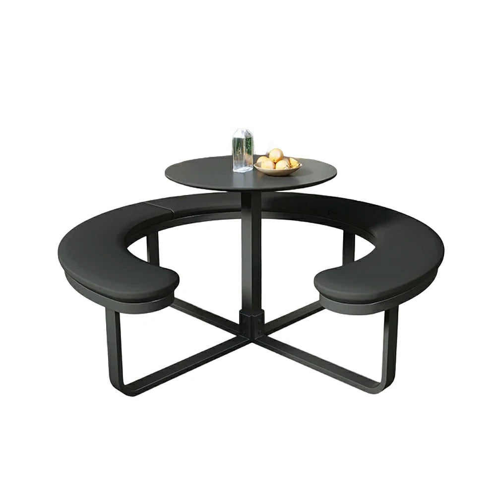 SOLARA Outdoor Round Picnic Table Set - Integrated Circular Bench Seating, Iron Surface Upholstered Seats, Iron Frame, 150/160/180cm Garden Patio Dining Table - Black