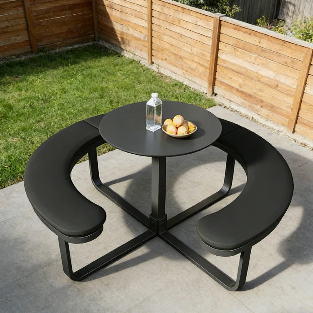 SOLARA Outdoor Round Picnic Table Set - Integrated Circular Bench Seating, Iron Surface Upholstered Seats, Iron Frame, 150/160/180cm Garden Patio Dining Table - Black