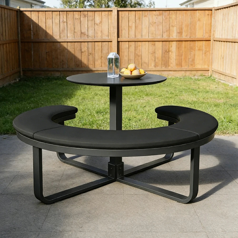 SOLARA Outdoor Round Picnic Table Set - Integrated Circular Bench Seating, Iron Surface Upholstered Seats, Iron Frame, 150/160/180cm Garden Patio Dining Table - Black
