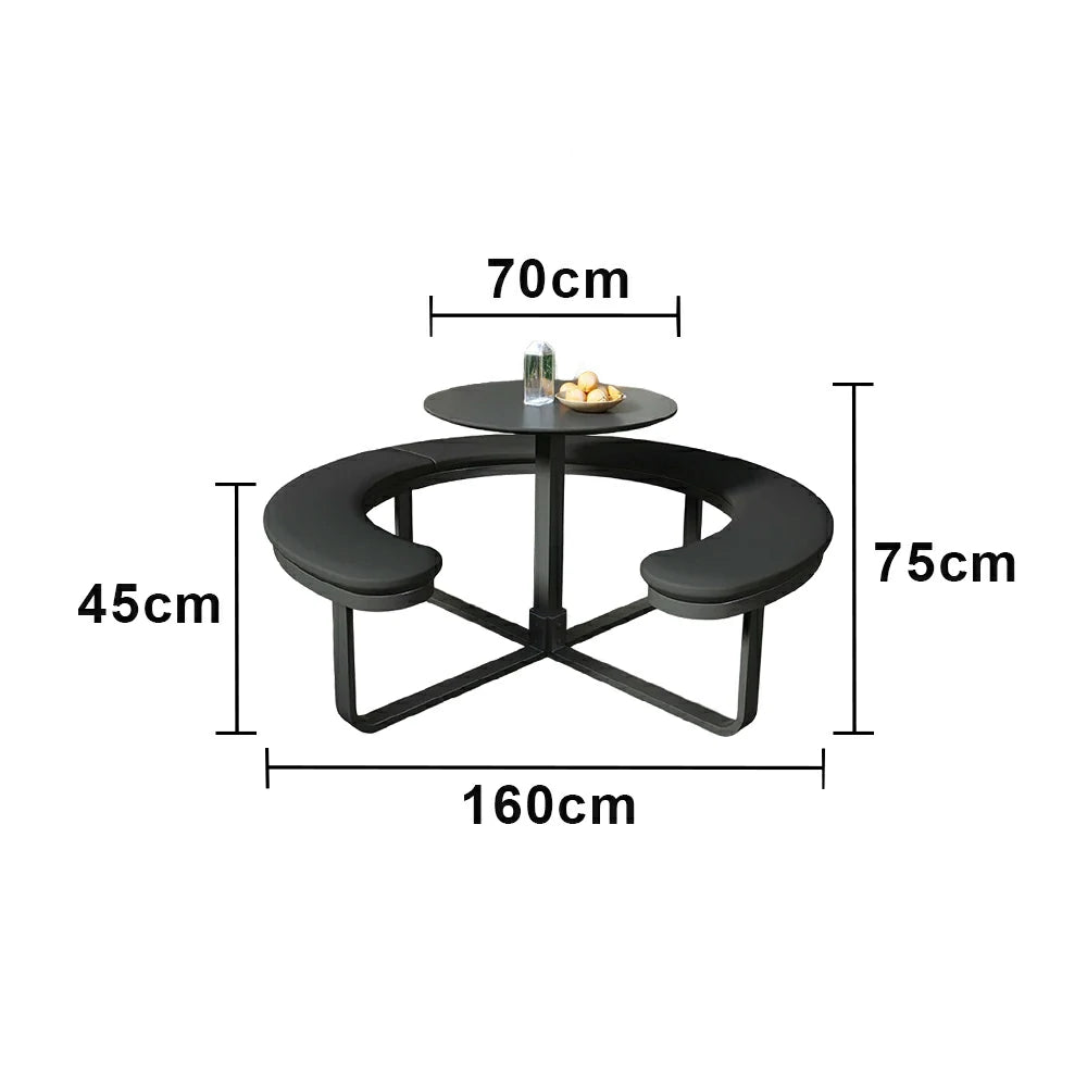 SOLARA Outdoor Round Picnic Table Set - Integrated Circular Bench Seating, Iron Surface Upholstered Seats, Iron Frame, 150/160/180cm Garden Patio Dining Table - Black