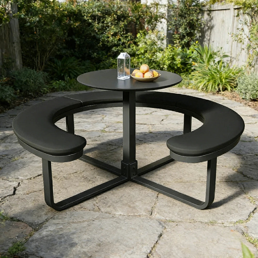 SOLARA Outdoor Round Picnic Table Set - Integrated Circular Bench Seating, Iron Surface Upholstered Seats, Iron Frame, 150/160/180cm Garden Patio Dining Table - Black