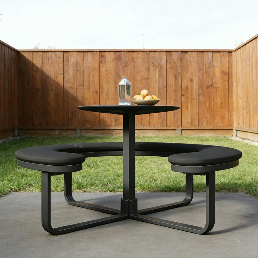 SOLARA Outdoor Round Picnic Table Set - Integrated Circular Bench Seating, Iron Surface Upholstered Seats, Iron Frame, 150/160/180cm Garden Patio Dining Table - Black