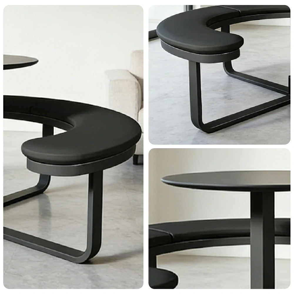 SOLARA Outdoor Round Picnic Table Set - Integrated Circular Bench Seating, Iron Surface Upholstered Seats, Iron Frame, 150/160/180cm Garden Patio Dining Table - Black