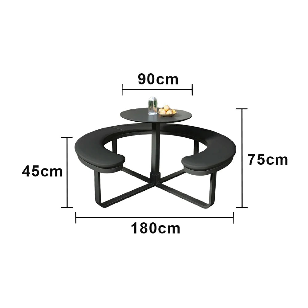 SOLARA Outdoor Round Picnic Table Set - Integrated Circular Bench Seating, Iron Surface Upholstered Seats, Iron Frame, 150/160/180cm Garden Patio Dining Table - Black