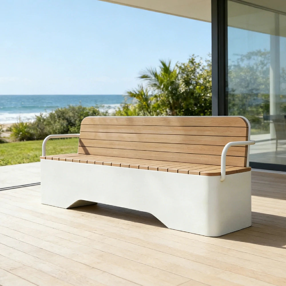 SOLARA Outdoor Garden Bench - Wood-Plastic Slatted Seat with Iron Frame, 120/150/180/200cm Patio Park Seating Bench - White