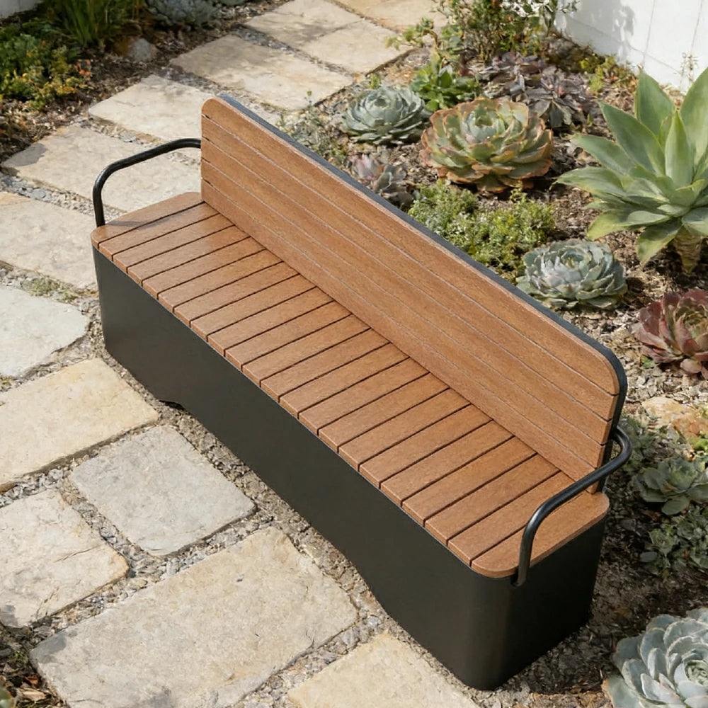 SOLARA Outdoor Garden Bench - Wood-Plastic Slatted Seat with Iron Frame, 120/150/180/200cm Patio Park Seating Bench - Black