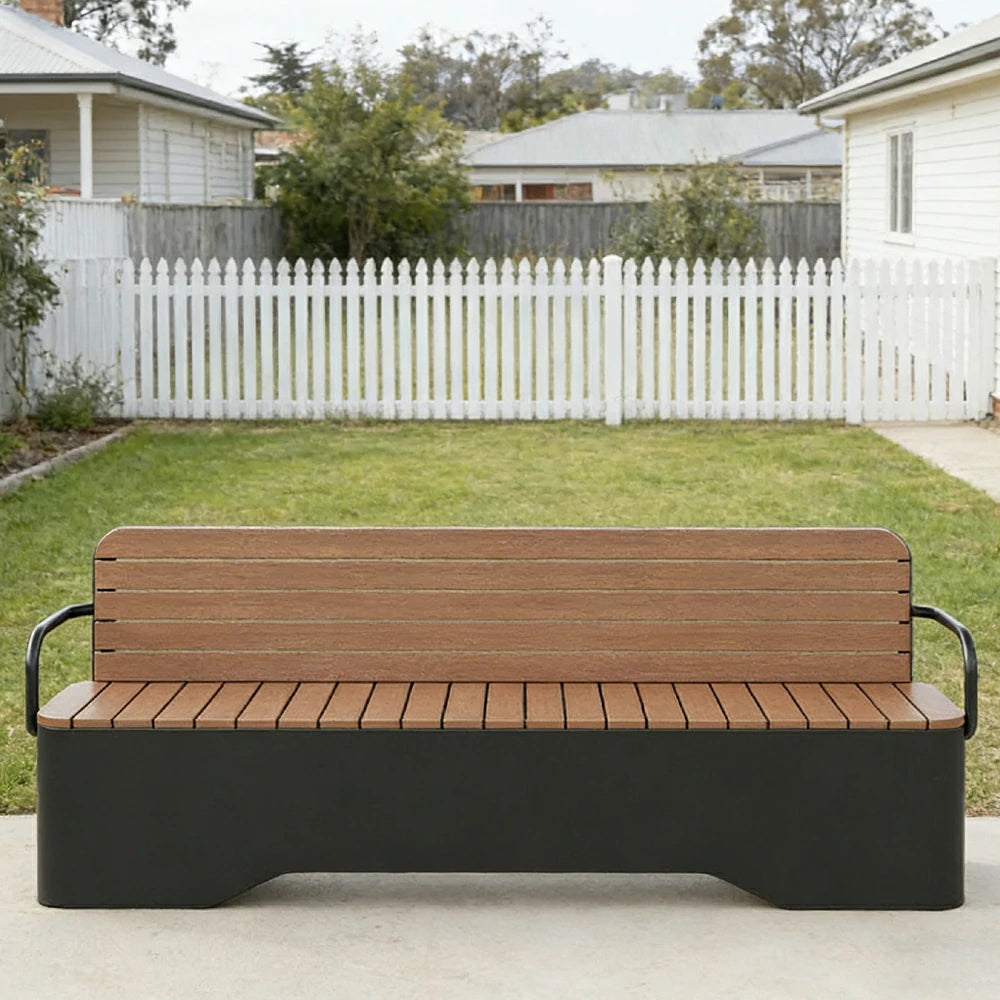 SOLARA Outdoor Garden Bench - Wood-Plastic Slatted Seat with Iron Frame, 120/150/180/200cm Patio Park Seating Bench - Black