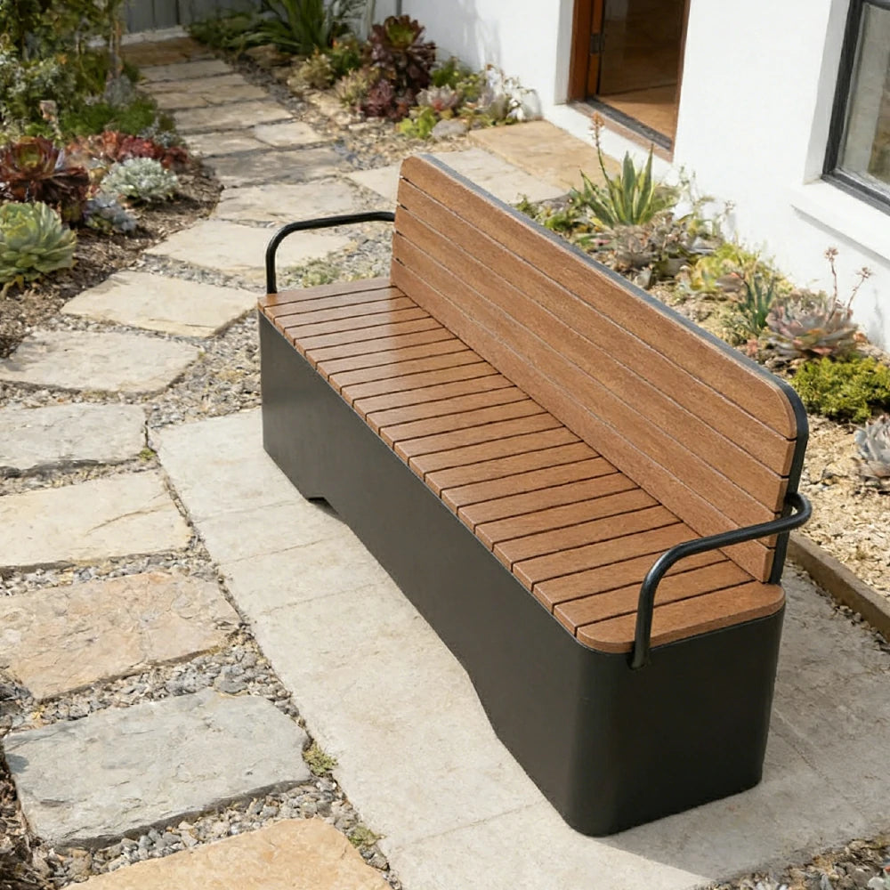 SOLARA Outdoor Garden Bench - Wood-Plastic Slatted Seat with Iron Frame, 120/150/180/200cm Patio Park Seating Bench - Black
