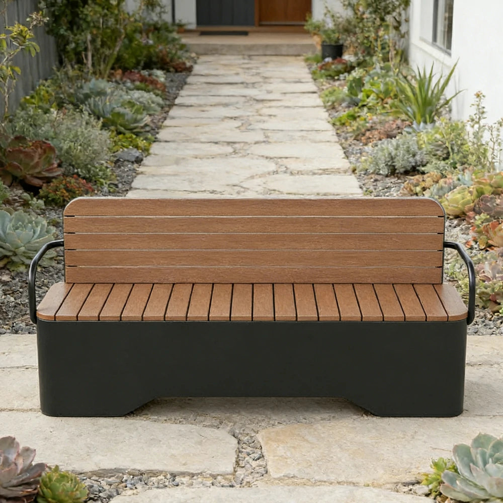 SOLARA Outdoor Garden Bench - Wood-Plastic Slatted Seat with Iron Frame, 120/150/180/200cm Patio Park Seating Bench - Black