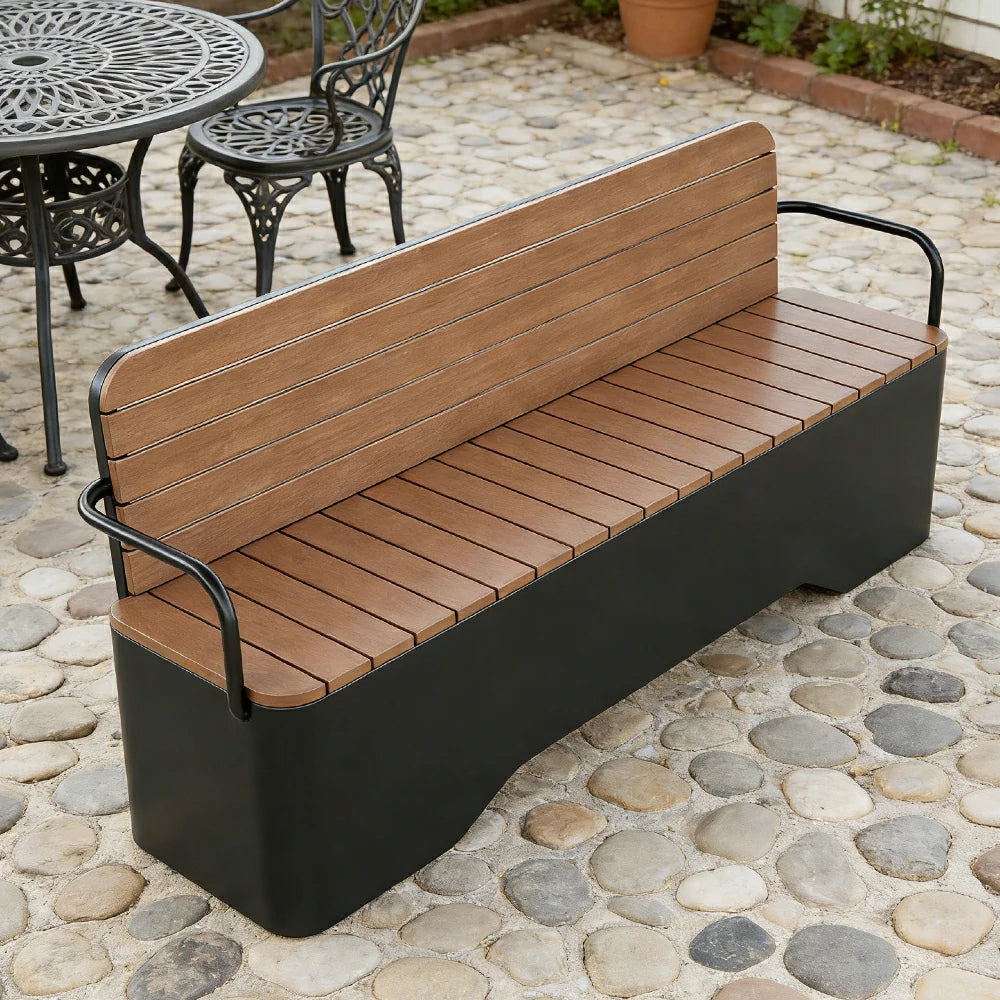 SOLARA Outdoor Garden Bench - Wood-Plastic Slatted Seat with Iron Frame, 120/150/180/200cm Patio Park Seating Bench - Black