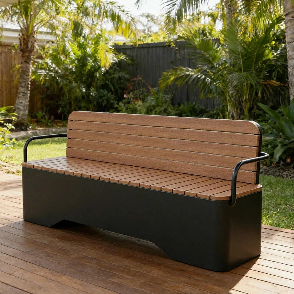 SOLARA Outdoor Garden Bench - Wood-Plastic Slatted Seat with Iron Frame, 120/150/180/200cm Patio Park Seating Bench - Black