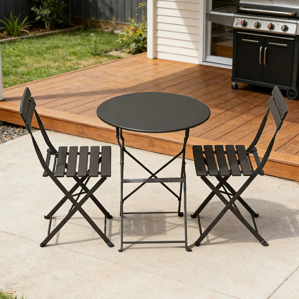 SOLARA Outdoor 1 Table 2 Chairs Bistro Set - Space-Saving Foldable Design, Durable Powder-Coated Iron Frame, Patio Balcony Garden Dining Set - Black