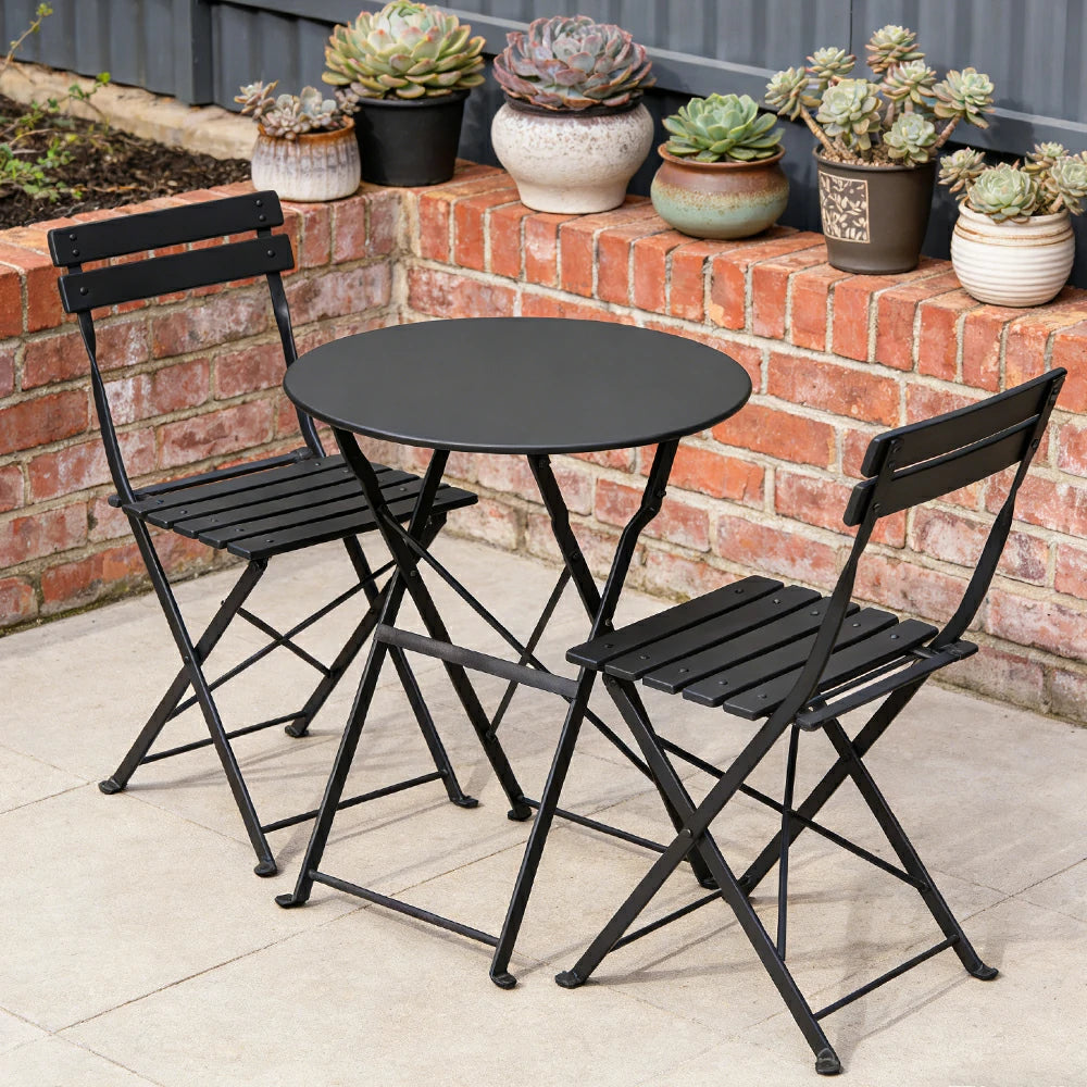 SOLARA Outdoor 1 Table 2 Chairs Bistro Set - Space-Saving Foldable Design, Durable Powder-Coated Iron Frame, Patio Balcony Garden Dining Set - Black