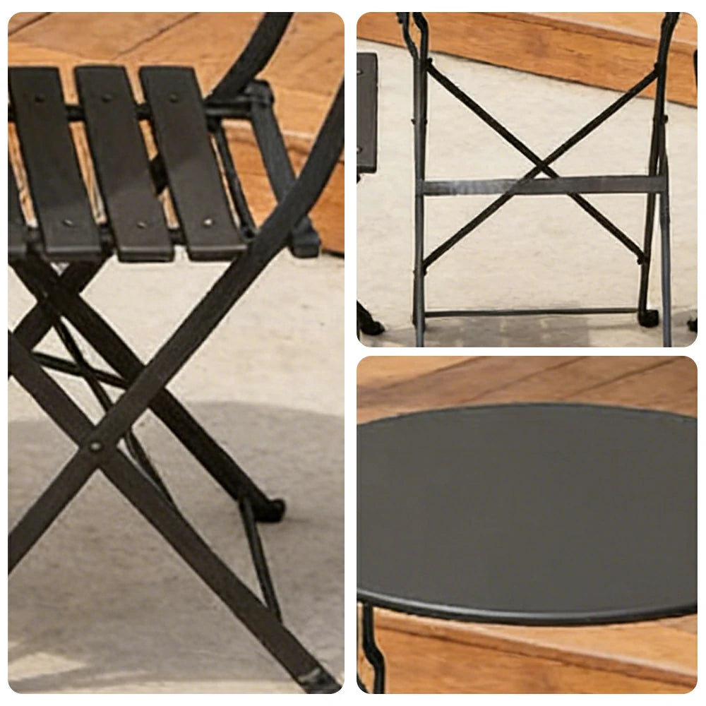 SOLARA Outdoor 1 Table 2 Chairs Bistro Set - Space-Saving Foldable Design, Durable Powder-Coated Iron Frame, Patio Balcony Garden Dining Set - Black