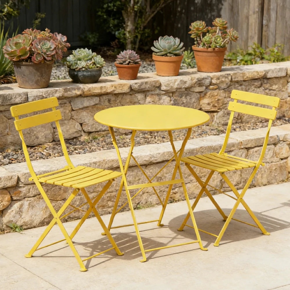 SOLARA Outdoor 1 Table 2 Chairs Bistro Set - Space-Saving Foldable Design, Durable Powder-Coated Iron Frame, Patio Balcony Garden Dining Set - Yellow