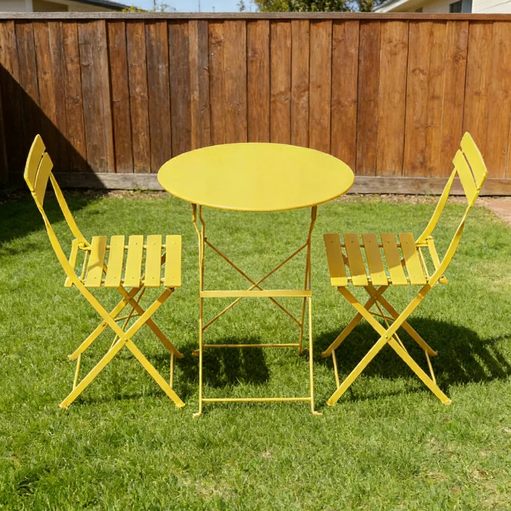 SOLARA Outdoor 1 Table 2 Chairs Bistro Set - Space-Saving Foldable Design, Durable Powder-Coated Iron Frame, Patio Balcony Garden Dining Set - Yellow