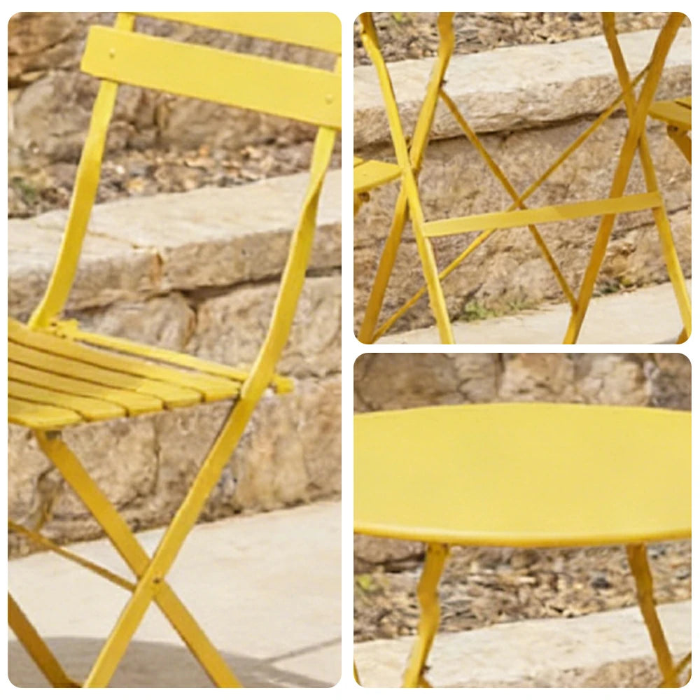 SOLARA Outdoor 1 Table 2 Chairs Bistro Set - Space-Saving Foldable Design, Durable Powder-Coated Iron Frame, Patio Balcony Garden Dining Set - Yellow
