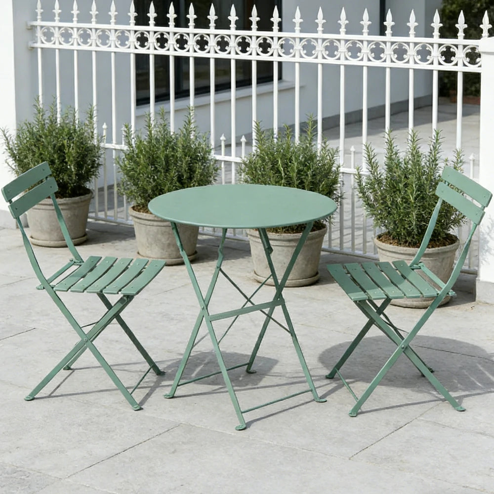 SOLARA Outdoor 1 Table 2 Chairs Bistro Set - Space-Saving Foldable Design, Durable Powder-Coated Iron Frame, Patio Balcony Garden Dining Set - Green