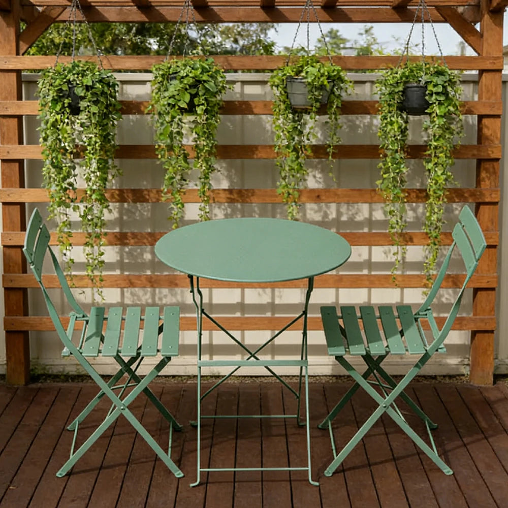 SOLARA Outdoor 1 Table 2 Chairs Bistro Set - Space-Saving Foldable Design, Durable Powder-Coated Iron Frame, Patio Balcony Garden Dining Set - Green